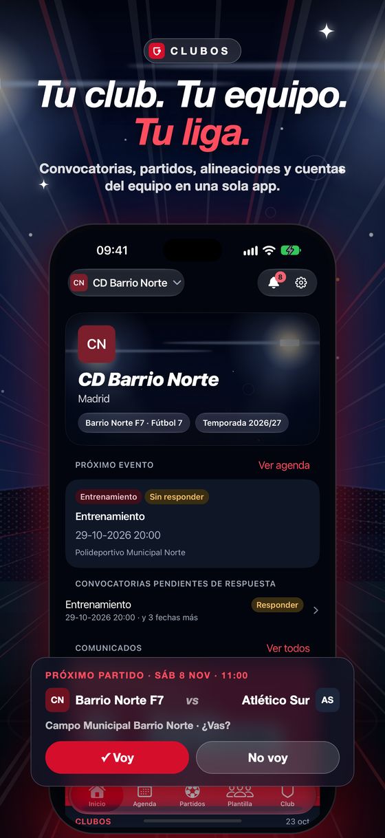 Inicio con la cabecera de tu club y el próximo evento